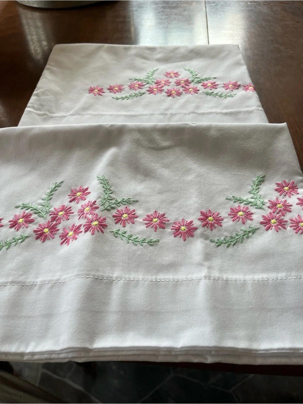 Embroidered Pink Floral White Pillowcase Set